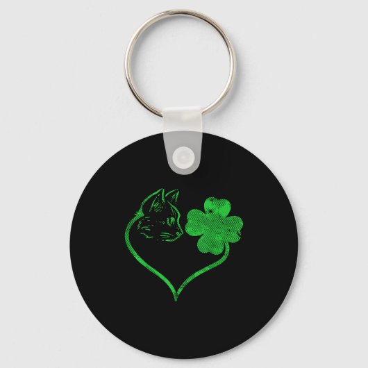 Cat Silhouette Shamrock St Patricks Day Kitten Lov Sleutelhanger (Voorkant)