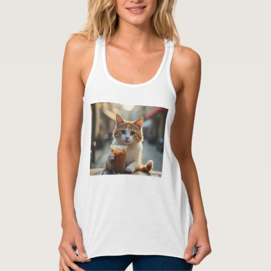 Cat Sipping Coffee On A Street Tanktop (Voorkant)