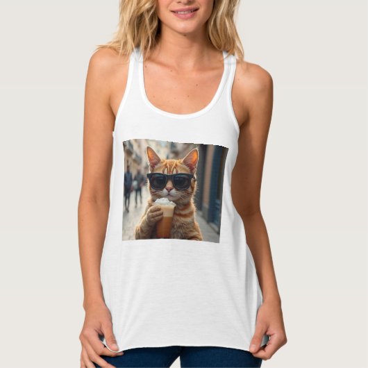 Cat Sipping Coffee On A Street Tanktop (Voorkant)