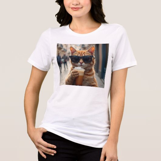 Cat Sipping Coffee On A Street Tri-Blend Shirt (Voorkant)