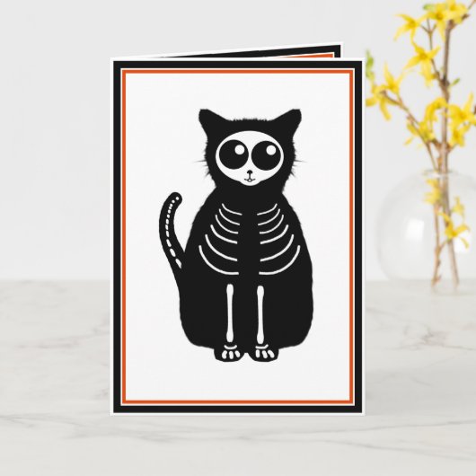 Cat Skeleton Cat Skeleton Cute Halloween Cartoon Kaart (Gele Bloem)