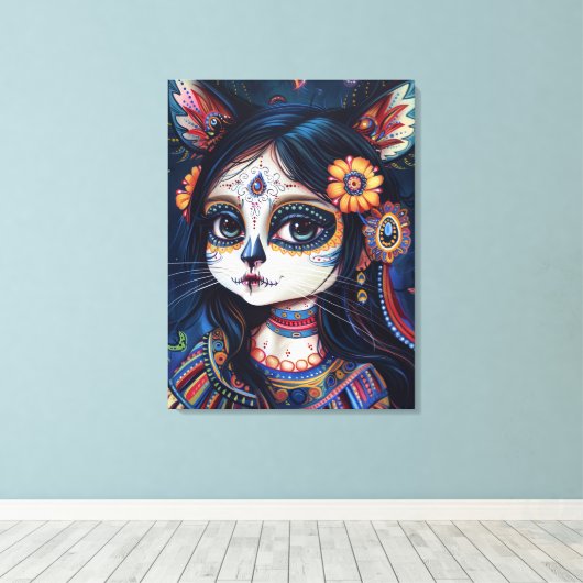 Cat skull face, sugar skull, mexican aesthetic canvas afdruk (Insitu (Houten vloer))