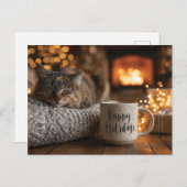 Cat Sleeping Next to a 'Happy Holidays" Mug Briefkaart (Voorkant / Achterkant)