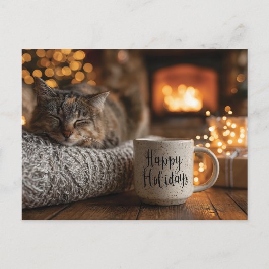 Cat Sleeping Next to a 'Happy Holidays" Mug Briefkaart (Voorkant)