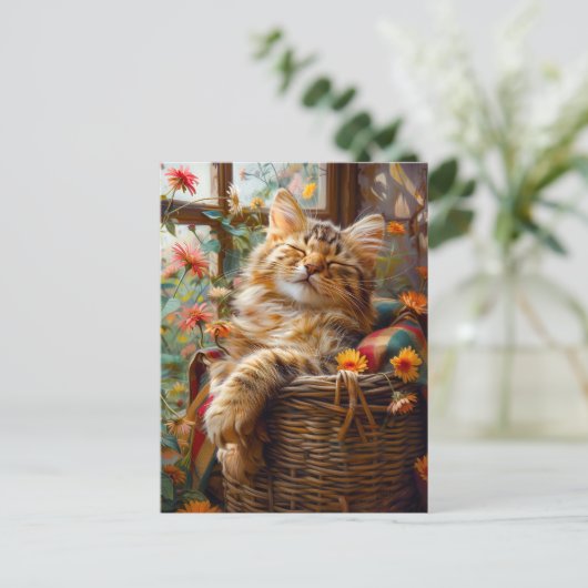 Cat Sleeping on Window Sill Among Flower Briefkaart (Staand voorkant)