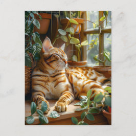 Cat Sleeping on Window Sill Among Flower Vines Briefkaart