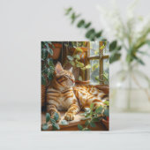 Cat Sleeping on Window Sill Among Flower Vines Briefkaart (Staand voorkant)