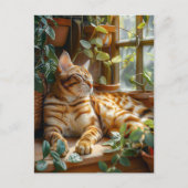 Cat Sleeping on Window Sill Among Flower Vines Briefkaart (Voorkant)