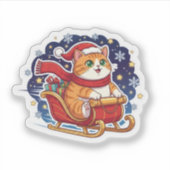 Cat Sleigh Ride Cute Christmas Snowy Sky Sticker (Voorkant)