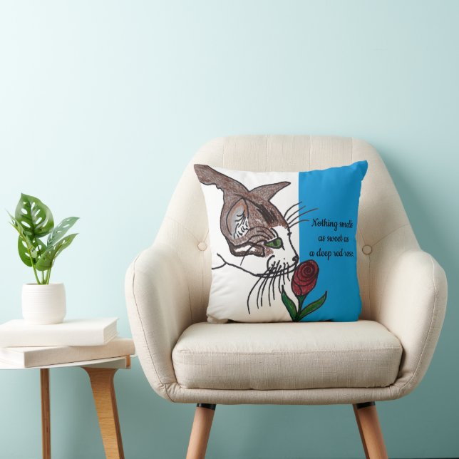 Cat Smelling Deep Red Rose Kussen (Stoel)