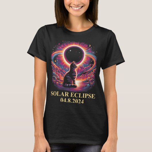 Cat Solar Eclipse 2024 Totality April 8 Mannen Vro T-shirt (Voorkant)