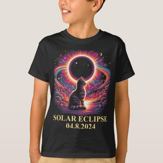 Cat Solar Eclipse 2024 Totality April 8 Mannen Vro T-shirt (Voorkant)