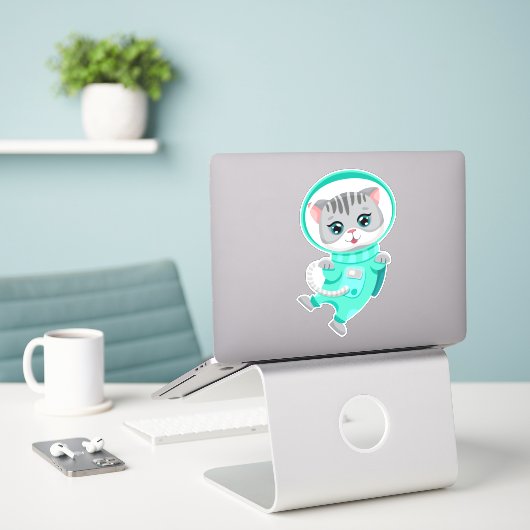 Cat Space Astronaut Sticker (Laptop op bureau)
