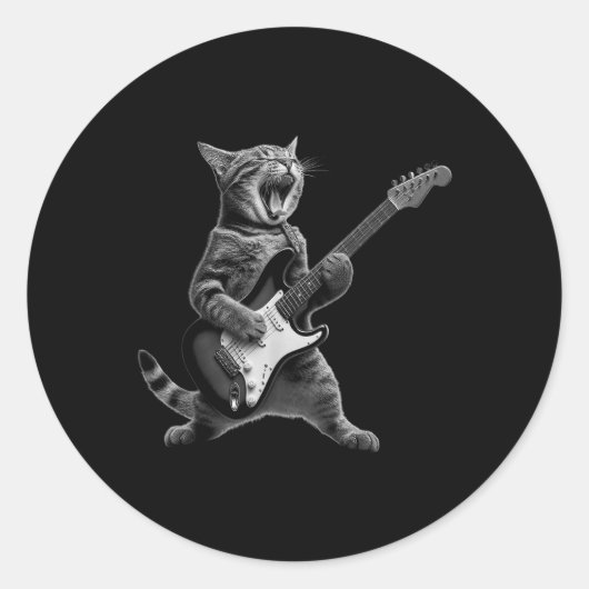 Cat Spelen Gitaar Rock Star Rock En Roll Voor Mann Ronde Sticker (Voorkant)