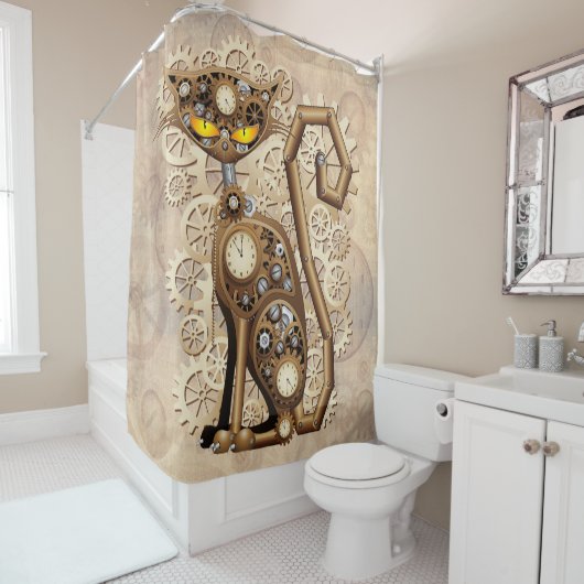 Cat Steampunk  Retro Style Machine Douchegordijn (In situ)