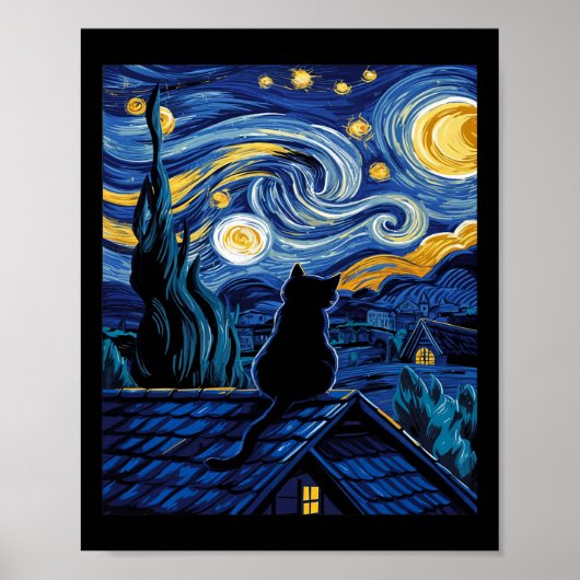 Cat Sterrennacht Van Gogh Cat Art Lover Funny Cat Poster (Voorkant)