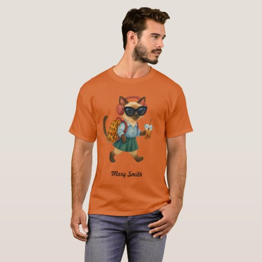 Cat Student Back to School Head phone bubble tea T-shirt (Voorkant volledig)
