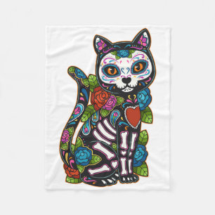 Cat Sugar Skull Mexico Calavera Dia de Los Muertos Fleece Deken