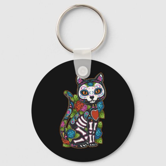 Cat Sugar Skull Mexico Calavera Dia de Los Muertos Sleutelhanger (Voorkant)