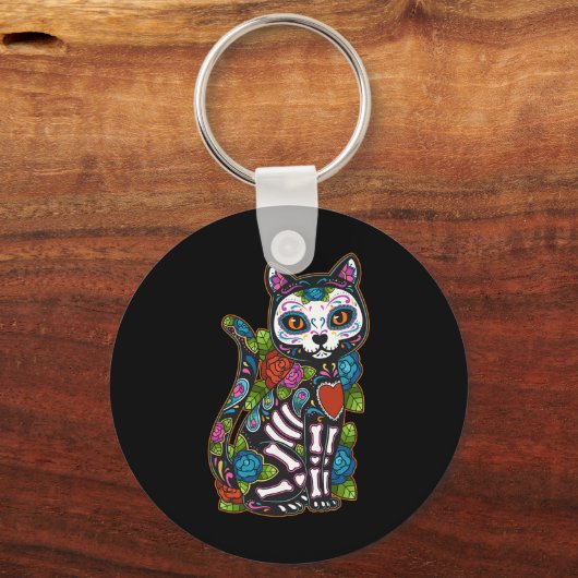 Cat Sugar Skull Mexico Calavera Dia de Los Muertos Sleutelhanger (Voorkant)