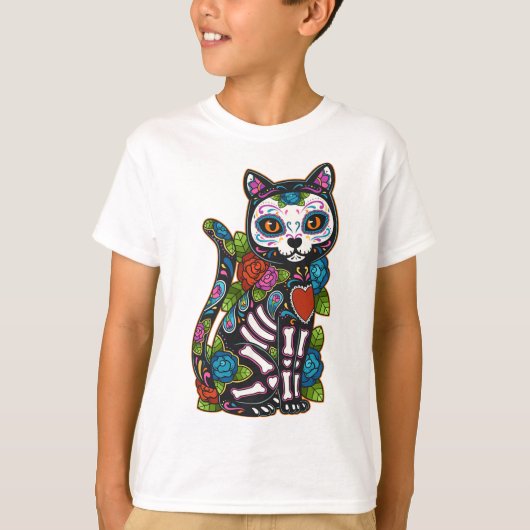 Cat Sugar Skull Mexico Calavera Dia de Los Muertos T-shirt (Voorkant)
