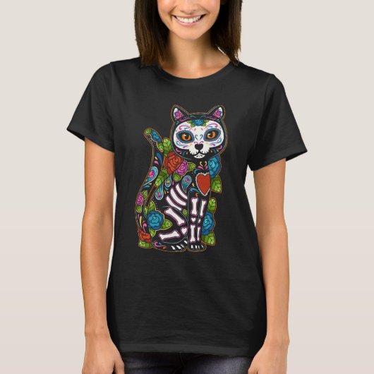 Cat Sugar Skull Mexico Calavera Dia de Los Muertos T-shirt (Voorkant)