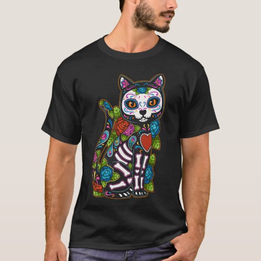 Cat Sugar Skull Mexico Calavera Dia de Los Muertos T-shirt (Voorkant)