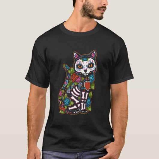 Cat Sugar Skull Mexico Calavera Dia de Los Muertos T-shirt (Voorkant)
