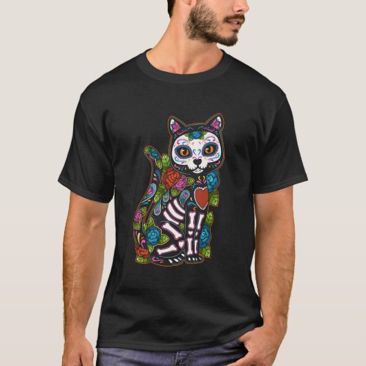 Cat Sugar Skull Mexico Calavera Dia de Los Muertos T-shirt (Voorkant)