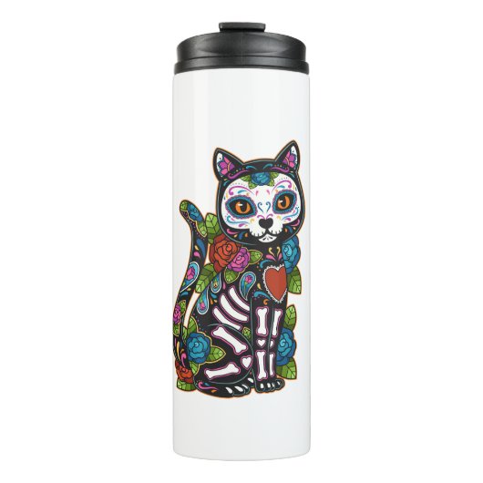 Cat Sugar Skull Mexico Calavera Dia de Los Muertos Thermosbeker (Voorkant)