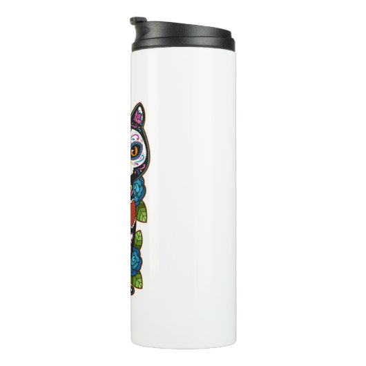 Cat Sugar Skull Mexico Calavera Dia de Los Muertos Thermosbeker (Geroteerd rechts)