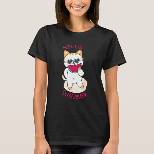 Cat Summer Cute Watermelon Tropical Fruit Hello Su T-shirt (Voorkant)