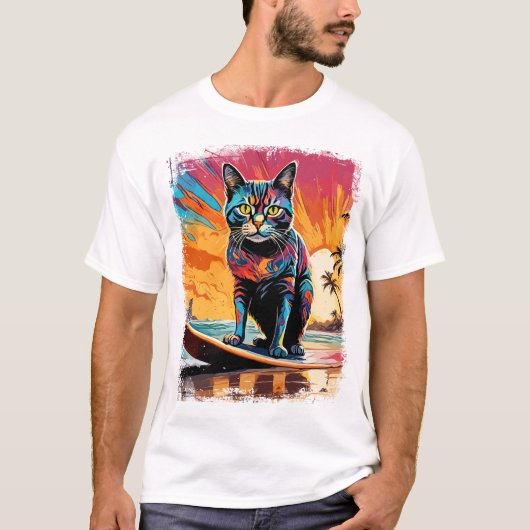 Cat Surfen Schattigee kleurrijke stripillustratie T-shirt (Voorkant)