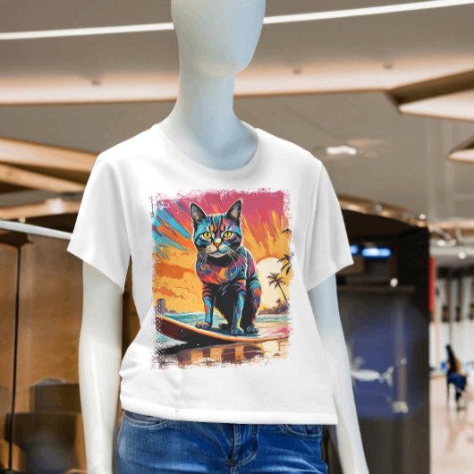 Cat Surfen Schattigee kleurrijke stripillustratie T-shirt