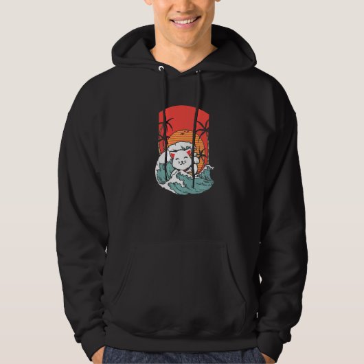 Cat Surfer Palm Tree Vacation Island Hoodie (Voorkant)