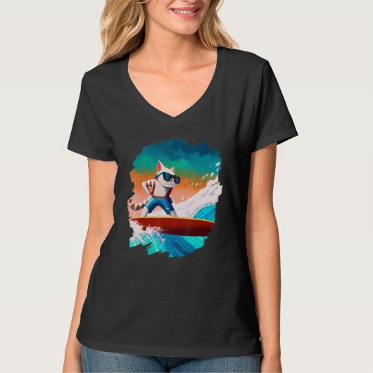 Cat Surfing Surfer Riding Wave Ocean Artistic Cool T-shirt (Voorkant)