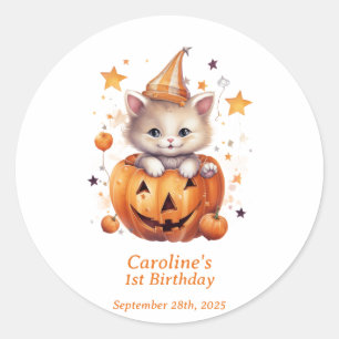 Cat Surprise in a Pumpkin: Verjaardagsfeestje Stic Ronde Sticker