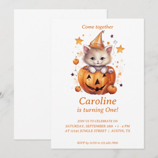 Cat Surprise in Pumpkin: Uitnodiging voor verjaard (Voorkant / Achterkant)