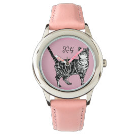 Cat Tabby Pastel Cats Girls Rose Pink Pets Horloge