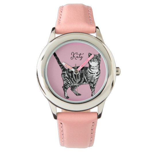 Cat Tabby Pastel Cats Girls Rose Pink Pets Horloge (Voorkant)