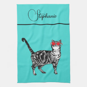Cat Tabby Pastel Cats Vrouwen Blauwgroen Aqua Naam Theedoek