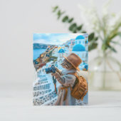 Cat Taking Photos in Santorini Feestdagenkaart (Staand voorkant)