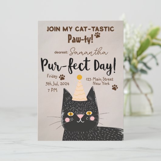 Cat-tastic Paw-ty! Pur-fect Verjaardag - Black Cat Kaart (Staand voorkant)