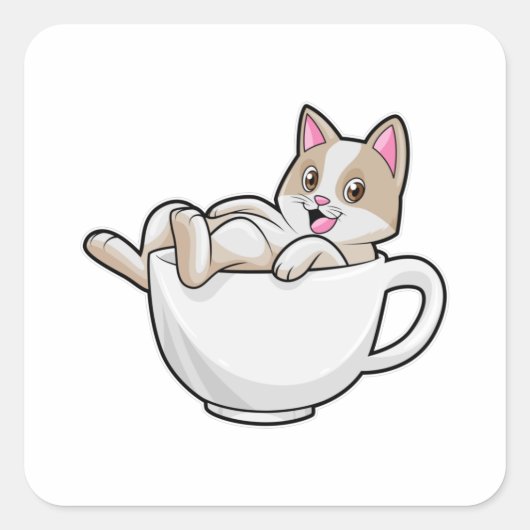 Cat Tea cup Vierkante Sticker (Voorkant)