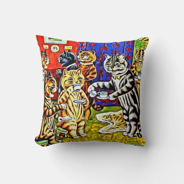 "Cat Tea Party" gestileerde Louis Wain Cats Pillow Kussen (Voorkant)