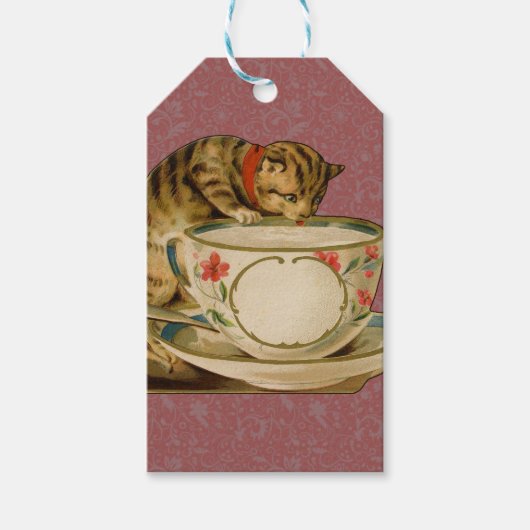 Cat Teacup Schattige  Victoriaans Cadeaulabel (Voorkant)