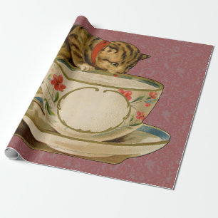 Cat Teacup Schattige  Victoriaans Cadeaupapier