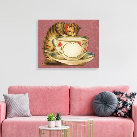 Cat Teacup Schattige Victoriaans Canvas Afdruk (Insitu (Woonkamer))