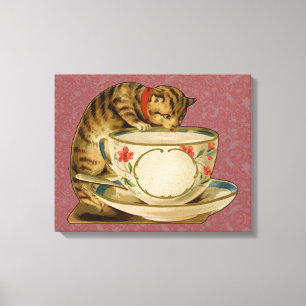 Cat Teacup Schattige  Victoriaans Canvas Afdruk