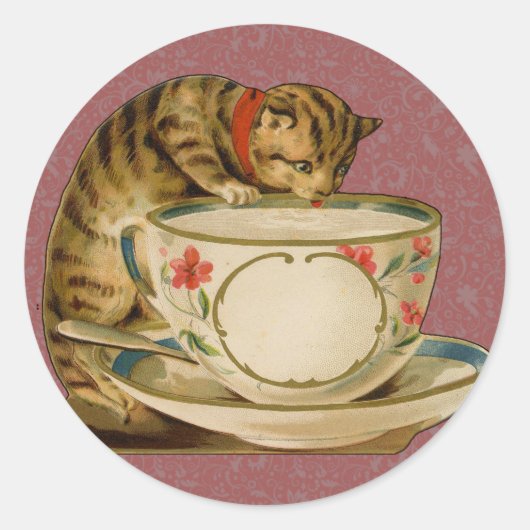Cat Teacup Schattige  Victoriaans Ronde Sticker (Voorkant)